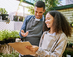 Image showing Clipboard, documents and gardening with a black couple working in a plant nursery as a florist team. Spring, nature and order with a man and woman at work in flower retail for their startup business