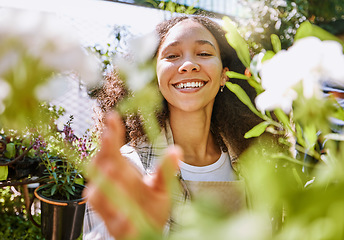 Image showing Flowers, plant and store portrait of black woman, startup small business owner or manager with retail sales choice. Commerce shopping service, florist market and employee with green garden product