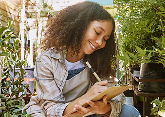 Image showing Florist, plants and happy woman, clipboard and checklist for quality control, inventory management or eco friendly market store. Small business owner writing notes in gardening shop of retail flowers