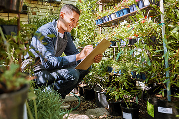 Image showing Green, plants and man with checklist, inventory check at nursery, plant store and garden business. Stock inspection, quality assurance and nature, happy worker with clipboard, eco friendly and flower