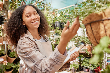 Image showing Plant, nursery and woman worker with checklist doing quality assurance on farming stock. Sustainability, small business and growth, happy florist startup manager in commercial garden checking plants.