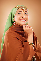 Image showing Beauty, senior and muslim model portrait with smile for skincare, anti aging and aesthetic with hijab. Wellness, dermatology and healthy skin glow of mature woman on brown studio background.