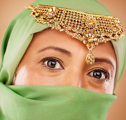 Image showing Muslim, woman face and fashion portrait with hijab for islamic beauty, religion jewelry and culture traditional wear. Islam, senior woman and Indian head scarf or burka for arabic headshot in studio