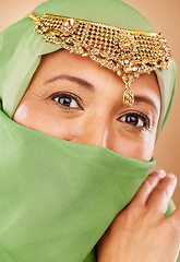 Image showing Eyes, hijab and Muslim, woman with Islamic fashion and face zoom with veil and jewelry, beauty and microblading portrait. Cosmetic lens, religion freedom and wellness with fashion model and vision.