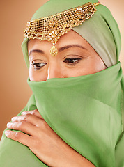 Image showing Muslim woman, face or fashion burka on studio background in Iranian human rights, religion empowerment or traditional power. Zoom, islamic or mature beauty model with hijab scarf in arabic aesthetic