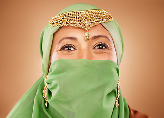 Image showing Portrait of woman with hijab, jewelry and bridal gold head piece for luxury wedding celebration in Iran. Beauty, religion and bride with Arab fashion, makeup and golden jewellery for muslim marriage