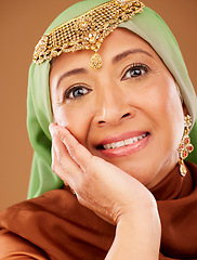 Image showing Mature muslim woman, portrait or beauty on studio background in skincare dermatology, self love healthcare or Iran wellness. Zoom, middle aged islamic model or hand on face and happy smile expression