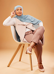 Image showing Senior woman, portrait and Muslim with fashion, business clothes and professional style against studio background. Portrait, hijab and Islamic office wear for work, traditional and Islam aesthetic.