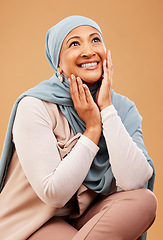 Image showing Hijab, muslim and smile of islamic model with mature face and hands happy with skincare glow and beauty. Cosmetic, luxury and skin wellness of a woman with happiness from makeup and arab culture