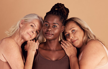 Image showing Skincare, diversity and group of mature women with natural body, healthy and glowing skin in studio. Beauty, spa and portrait of older female models pose for beauty products, cosmetics and wellness