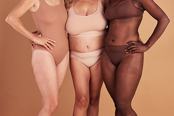 Image showing Diversity, closeup or women with body positivity, wellness or support on brown studio background. Multiracial, females or ladies with solidarity, skincare or confident for natural beauty or community