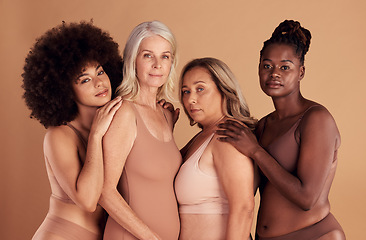 Image showing Beauty, diversity and group of women in lingerie in studio on a brown background. Underwear, makeup or cosmetics of body positive friends or female models posing for feminine empowerment or self love