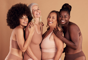 Image showing Diversity, happy and women with natural beauty, skincare and cosmetics together on studio background. Portrait group of female models in underwear for wellness, real body positivity and self love