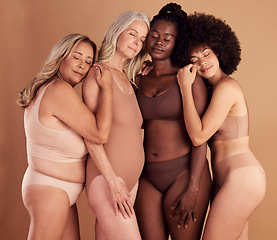 Image showing Plus size women, model group and lingerie in studio for support, solidarity and diversity with comfort. Body positive, multicultural woman and underwear with hug, love and together by studio backdrop