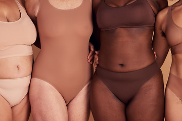 Image showing Diversity, women and skincare for body positivity, inclusivity and on brown studio background. Health females, freedom and multiracial ladies with confidence, wellness and healthy with empowerment.