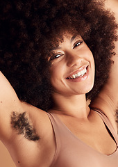 Image showing Armpit hair, natural growth and woman satisfied, smile and happy with female body, beauty and wellness. Afro hair, spa salon and headshot face portrait of unshaven African model on studio background