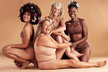 Image showing Flowers, diversity and portrait of body positive women happy with self care, creative beauty design and confidence. Group solidarity, lingerie and empowerment of floral girl friends with self love