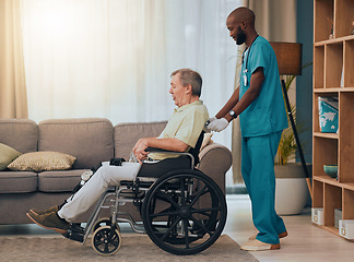 Image showing Black man, senior or wheelchair help in nursing home or retirement house in surgery rehabilitation, physiotherapy or healthcare trust. Nurse, medical worker or caregiver or disability elderly patient