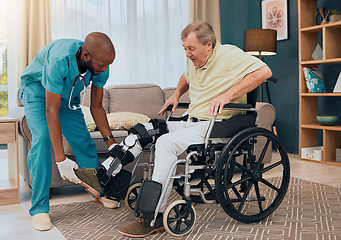 Image showing Elderly patient, leg surgery and physiotherapy recovery with a black man nurse helping with care. Nursing home, hospital and healthcare clinic help with a senior male ready for physical therapy