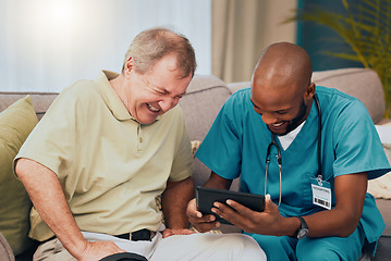 Image showing Elderly man, retirement and healthcare with nurse at nursing home, comedy and tablet, communication and laughing with technology. Caregiver, wellness and health with senior care, support and help.