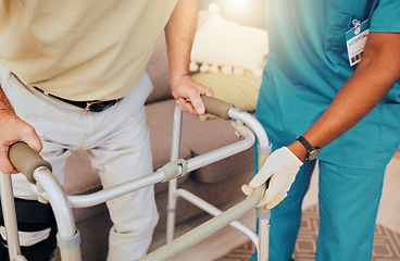 Image showing Disability, nurse and senior walking frame for support, help and trust moving legs, muscle healthcare or rehabilitation. Physiotherapy, elderly nursing and caregiver hands consulting disabled patient