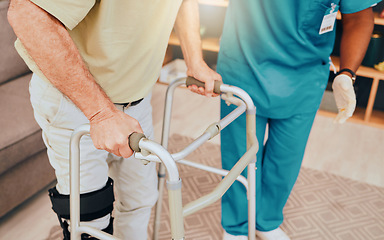 Image showing Physiotherapy, walker and help with old man and nurse for disability, help and support in rehabilitation. Retirement, healthcare and physical therapy with caregiver and senior patient in nursing home