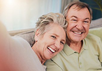 Image showing Happy, love and selfie with old couple on sofa for relax, support or bonding with quality time. Retirement, marriage and smile with portrait of man and woman in living room at home for care affection