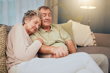 Image showing Senior couple, eyes closed and relax on living room couch for comfortable afternoon nap, easy lifestyle and retirement at home. Love, care and sleeping old couple on lounge sofa together in apartment