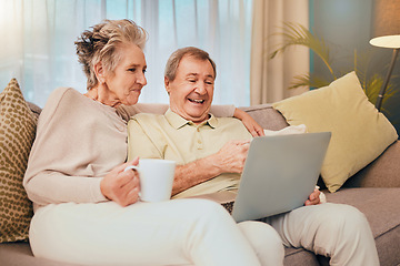 Image showing Sofa, laptop and senior couple in living room on comedy show, streaming social media video or meme for retirement lifestyle. Happy old woman drink coffee with her partner on couch and home technology