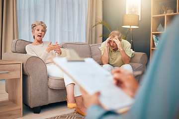 Image showing Retirement couple and divorce psychologist consulting angry, frustrated and unhappy people in marriage. Conflict, counselling and married senior woman explaining problem to mental health therapist.