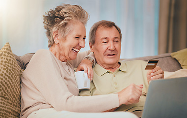 Image showing Elderly, couple with credit card for online shopping and e commerce with laptop, internet and banking. Retirement, money and payment, senior man and woman happy at family home, savings and payment.
