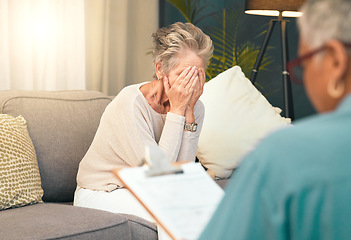 Image showing Crying, sad or old woman in counseling with a psychologist for depression, burnout or mental health problems. Checklist, consulting or depressed senior lady frustrated with anxiety stress in therapy