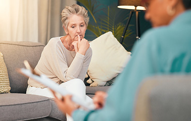 Image showing Old woman, psychology and therapy for mental health, stress or anxiety. Depression, crisis and senior patient at psychologist, therapist and counseling of support, help and medical consulting service