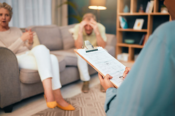 Image showing Divorce, stress or old couple consulting a psychologist in counseling or therapy speaking of financial debt problems. Anxiety, writing or therapist listening to a senior woman and frustrated old man