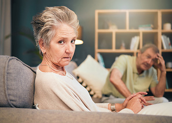 Image showing Stress, anxiety and senior couple in therapy on sofa for marriage counseling and senior care. Portrait of angry old woman, mental health care and relationship advice or support for divorce burnout.