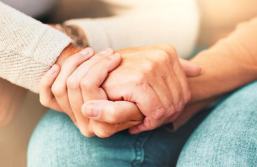 Image showing Support, trust and hands, senior care in therapy or grief counseling session. Love, care and understanding between elderly and and caregiver. Hope, empathy and help in time of need for mental health.