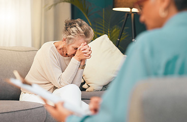 Image showing Psychologist, stress or old woman with depression in counseling or therapy crying for support or help. Psychology, anxiety or therapist writing a report for a sad, stressed or frustrated elderly lady