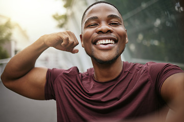 Image showing Selfie, smile and fitness arm flex of a black man athlete ready for running, workout and exercise. Training, happy and runner man portrait with motivation for sport, wellness and muscle health