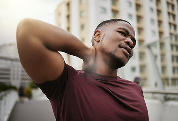 Image showing Black man, fitness or neck pain in city workout, training or exercise is muscle burnout, tension stress or body crisis. Runner, sports athlete or personal trainer with injury or running marathon risk