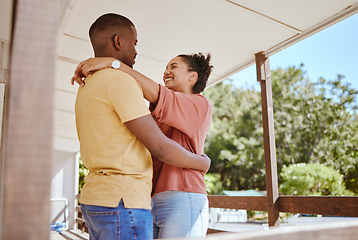 Image showing Relax, love and black couple on patio in home enjoying summer holiday, vacation and free time on weekend. Garden, affection and happy man and woman hug for bonding, quality time and loving embrace