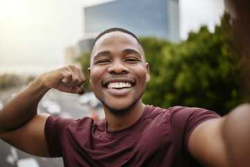 Image showing Fitness, selfie and portrait of a black man in the city after a workout in the street on a bridge. Happy, smile and African male athlete posing for a picture after cardio exercise or training in town