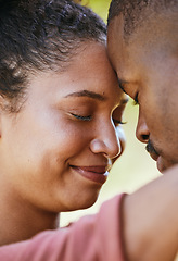 Image showing Face, love and happy with a black couple hugging together outdoor for romance, dating or relationship. Smile, trust and safe with an attractive young woman and man bonding outside with a hug