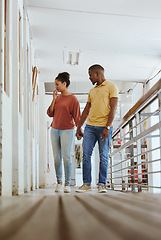 Image showing Black couple, bonding or love in animal shelter, pet kennel or foster care clinic in homeless community support or volunteer work. Woman, man or holding hands, dog adoption shop or thinking of rescue