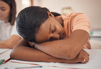 Image showing Girl, teenager or classroom sleeping in stress, depression or mental health burnout in Indian education, learning or study school. Zoom, fatigue or tired student asleep on university college notebook