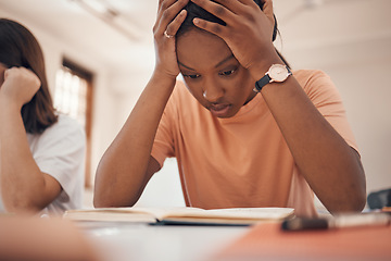 Image showing Exam stress, studying and student reading, classroom learning and headache from education. Anxiety, books and African girl with fear of fail on a test, adhd problem and frustrated with school