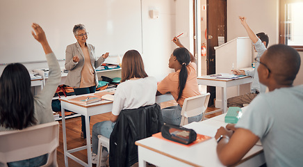 Image showing Education, diversity or student in classroom for question in school, college or university academic learning class. Knowledge, study or group of students for research, problem solve or answer to test