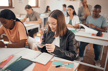 Image showing Education, phone and student texting in a classroom, social media and internet addiction with hologram. School, girl and smartphone with double exposure in a class, distracted, reading and online