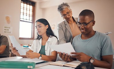 Image showing Student, exam and woman teacher with students in a school education class for writing test. Diversity, study and learning of teenagers reading notes, research and data thinking about scholarship