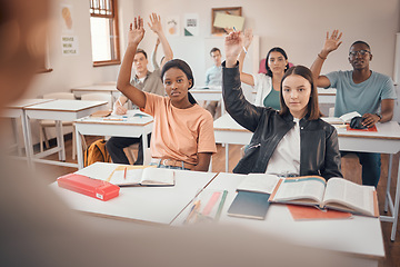 Image showing Classroom, education question or students hands for exam learning questions, university help or college people study for assessment. Hand sign, school or teenager group for teaching or scholarship