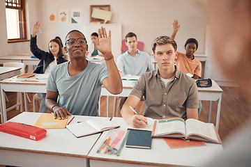 Image showing Classroom, knowledge question and students hands with exam learning problem, education fail or language teacher assessment. Hand sign, school and youth or teenager group in teaching course for a test